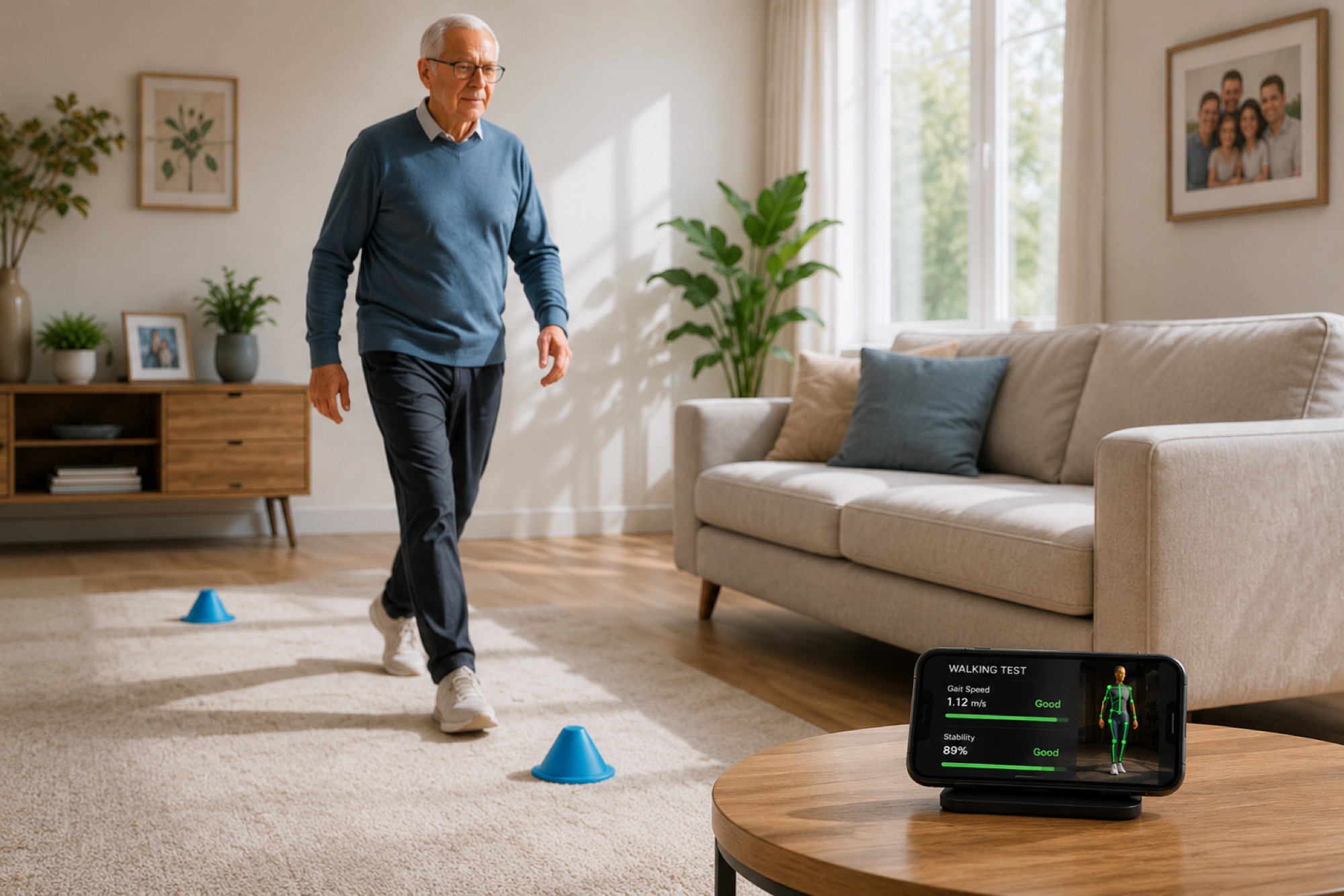 An older adult walking a short loop in their living room, viewed from a tablet on a low table, with the PoseFlow skeleton overlay quietly logging gait data.
