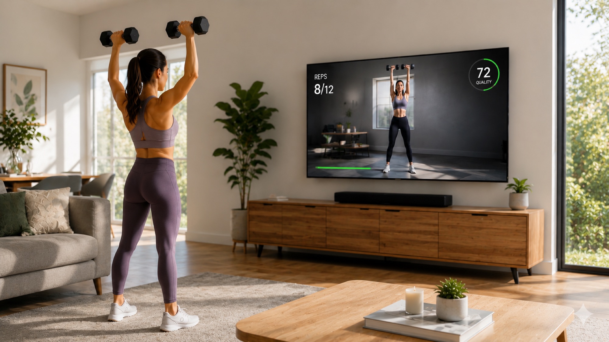 A user in their living room mid-squat, the phone propped on a coffee table running the consumer fitness app with the PoseFlow skeleton overlay tracking their form.