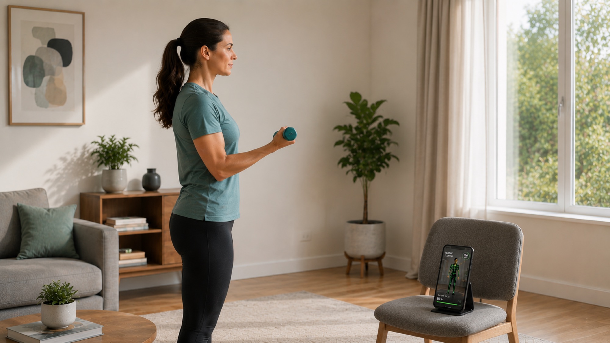 A patient performing a shoulder-flexion exercise at home, viewed from the side, with the PoseFlow skeleton overlay tracking range of motion in real time.