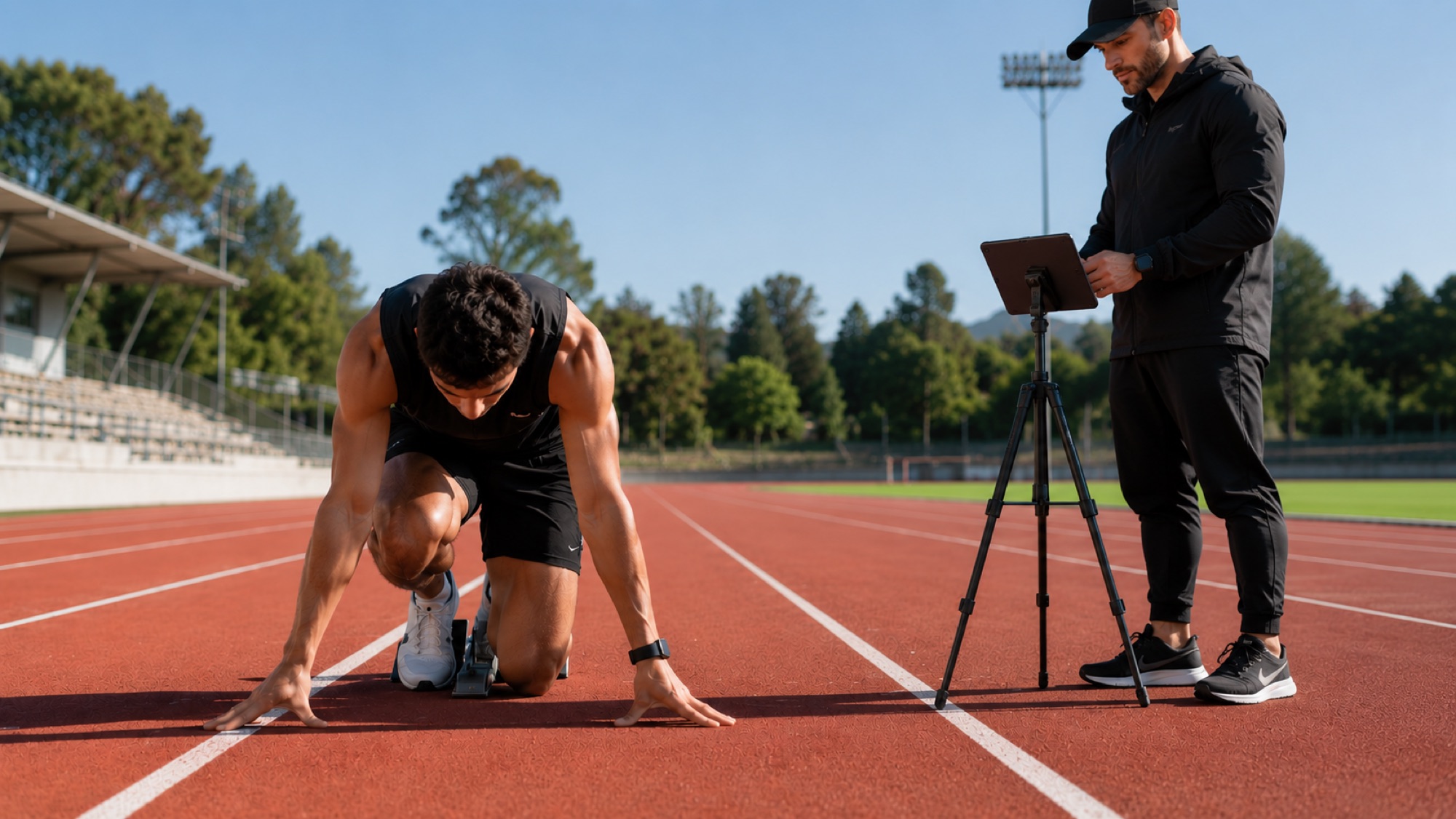 An athlete performing a single-leg RDL on a turf field, viewed from the side, with the PoseFlow skeleton overlay surfacing bilateral asymmetry data.