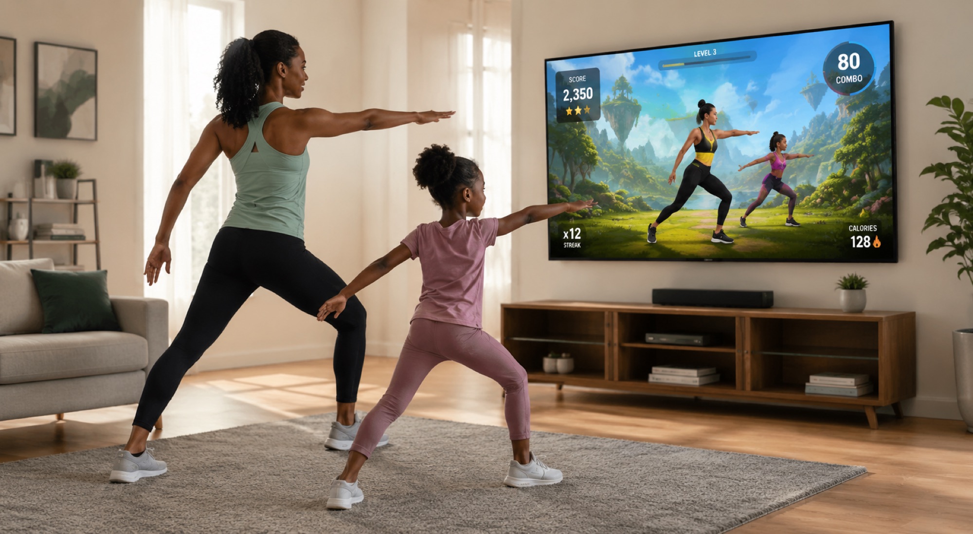 A living room scene: a family-sized TV showing a workout class with the PoseFlow skeleton overlay, the user mid-rep on the rug in front of it.